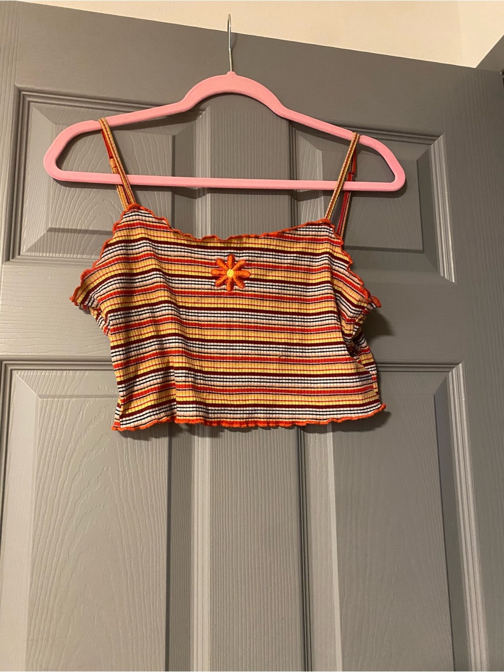 Striped Orange Cropped Tank Top with Daisy Accent and sparkles